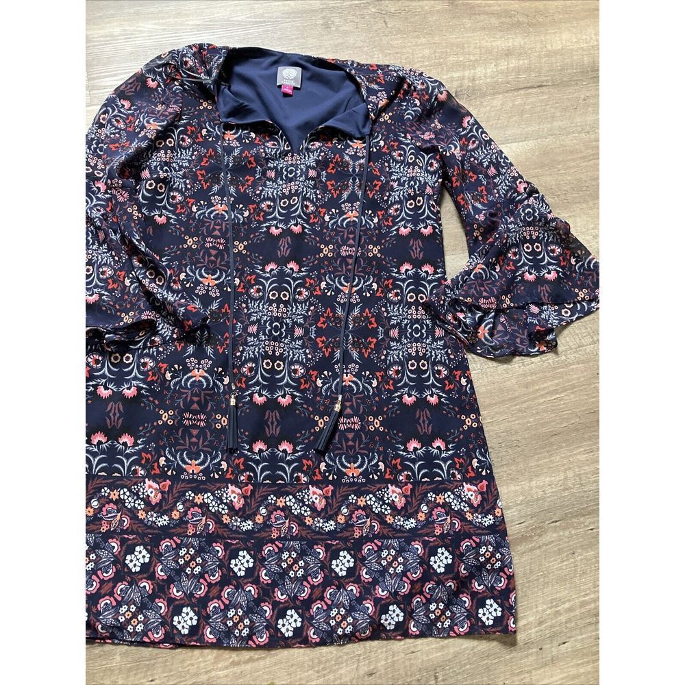 Vince Camuto Navy Floral Tassel Tie Bell Sleeve Shift Dress‎ Boho Mini